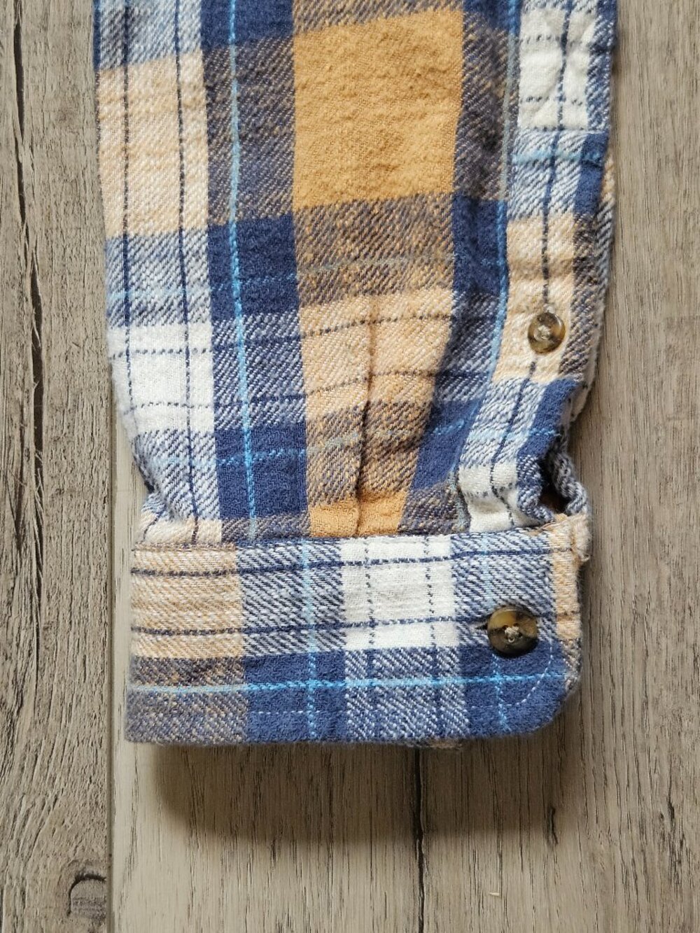 LL Bean Flannel Shirt Mens Medium Regular Mustard Blue Plaid Button Up 520381 - Picture 6 of 8
